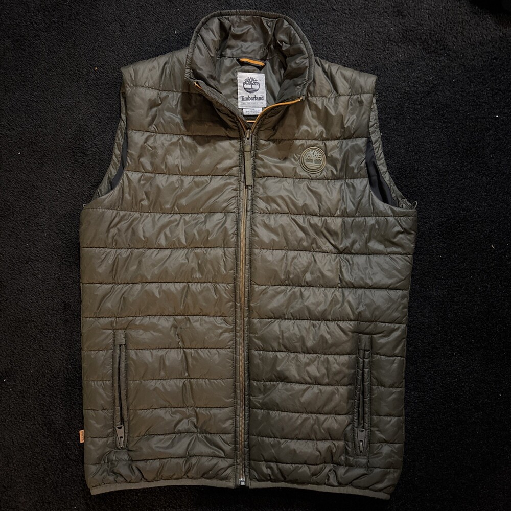 Timberland  Lightweight Puffer Vest Full Zip Green With Orange Stitch Size S